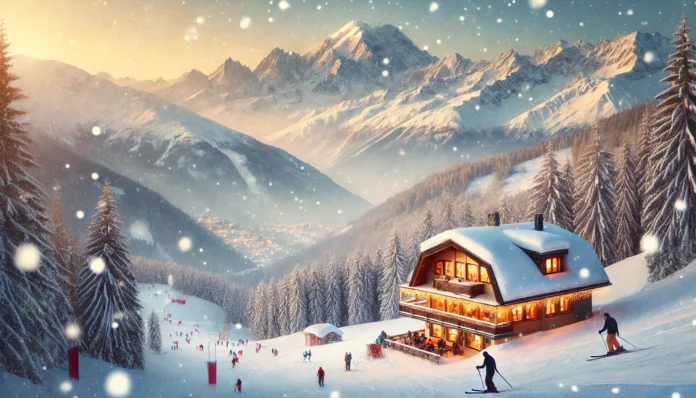 winter landscape in Valle dAosta showcasing a snowy Alpine scene with Monte Bianco in the distance