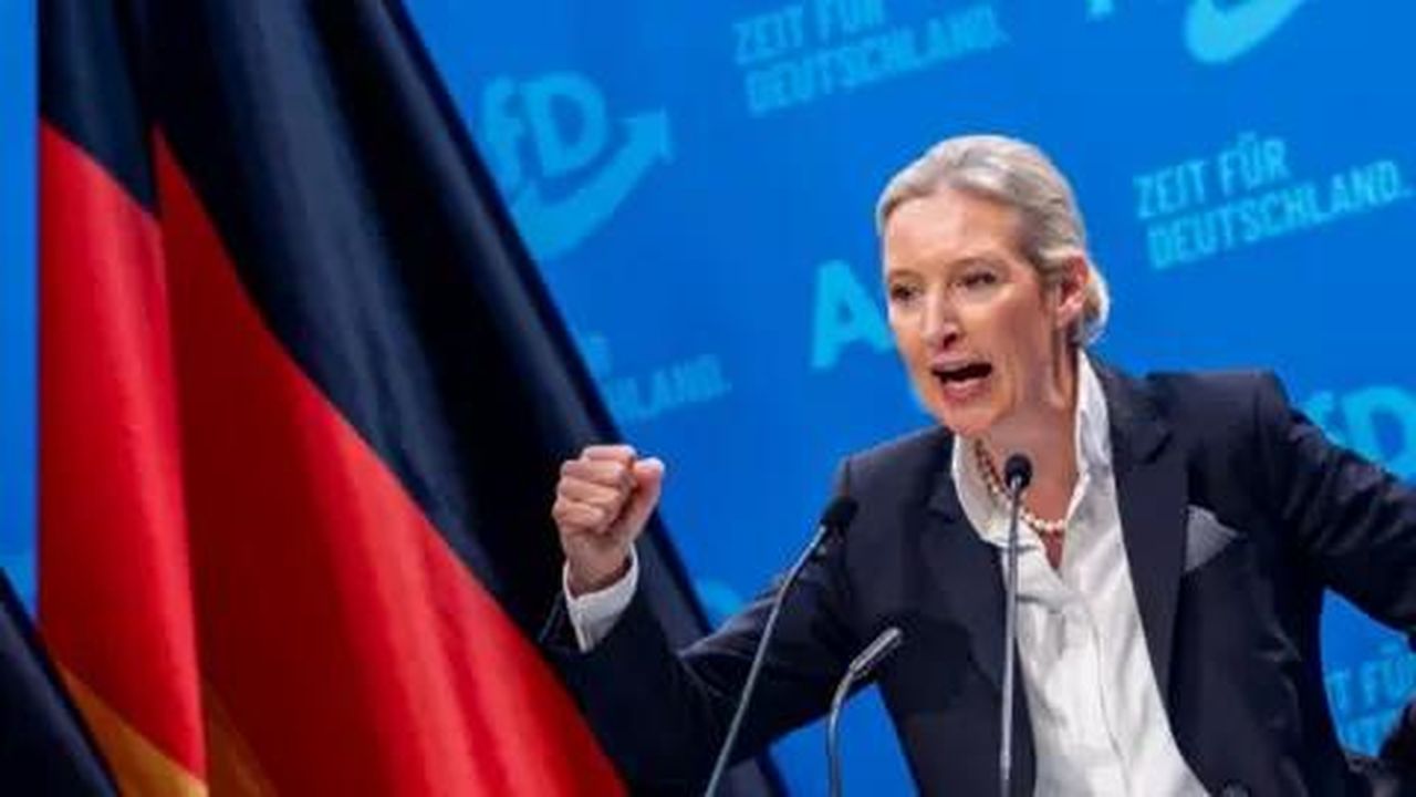 source:BBC World News - Ambizioni dell'AfD e reazioni - Alice Weidel, una donna bionda in giacca, alza il pugno con uno sfondo blu e una bandiera tedesca.