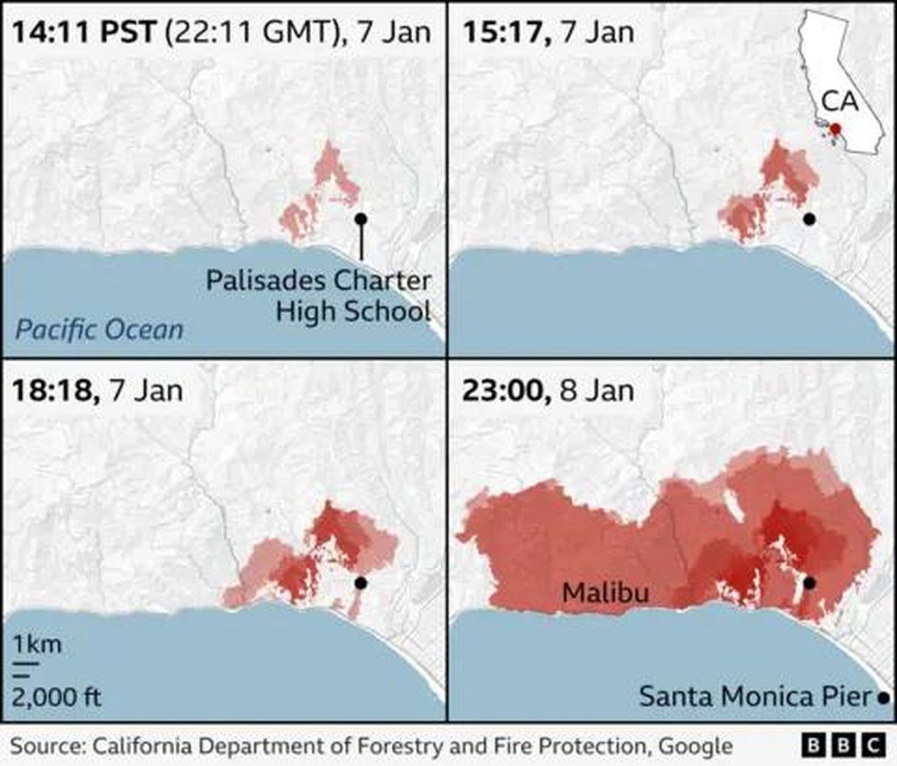 source:BBC World News - Come si è diffuso l'incendio di Palisades? - Mappa che mostra quattro fasi dello sviluppo dell'incendio di Palisades.