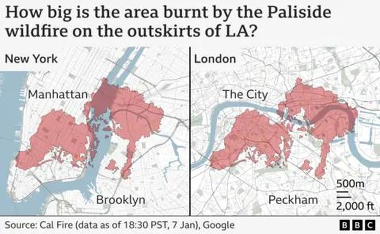 source:BBC World News - Danni e evacuazioni - Due mappe che mostrano l'area bruciata dal wildfire.