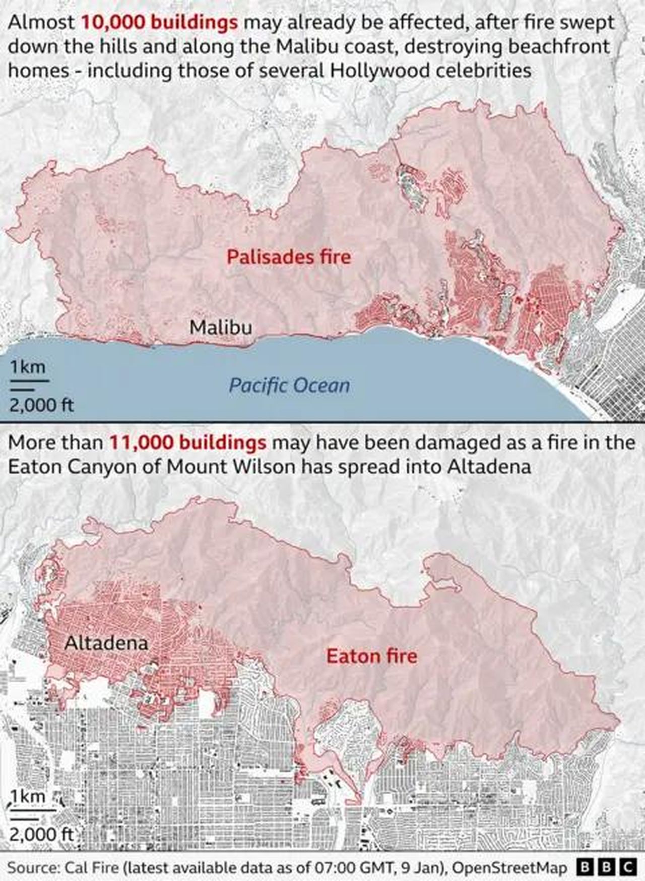 source:BBC World News - I più grandi incendi hanno bruciato migliaia di edifici - Due mappe che mostrano l'estensione degli incendi di Palisades ed Eaton.