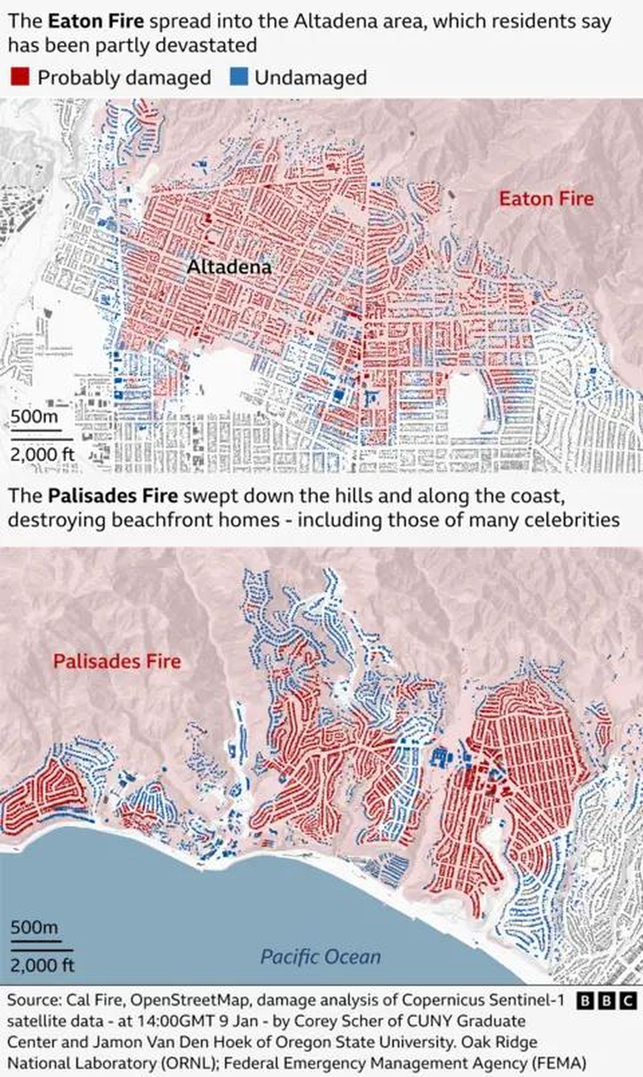 source:BBC World News - Impatto degli incendi e vittime - Mappe mostrano la diffusione degli incendi Eaton e Palisades.