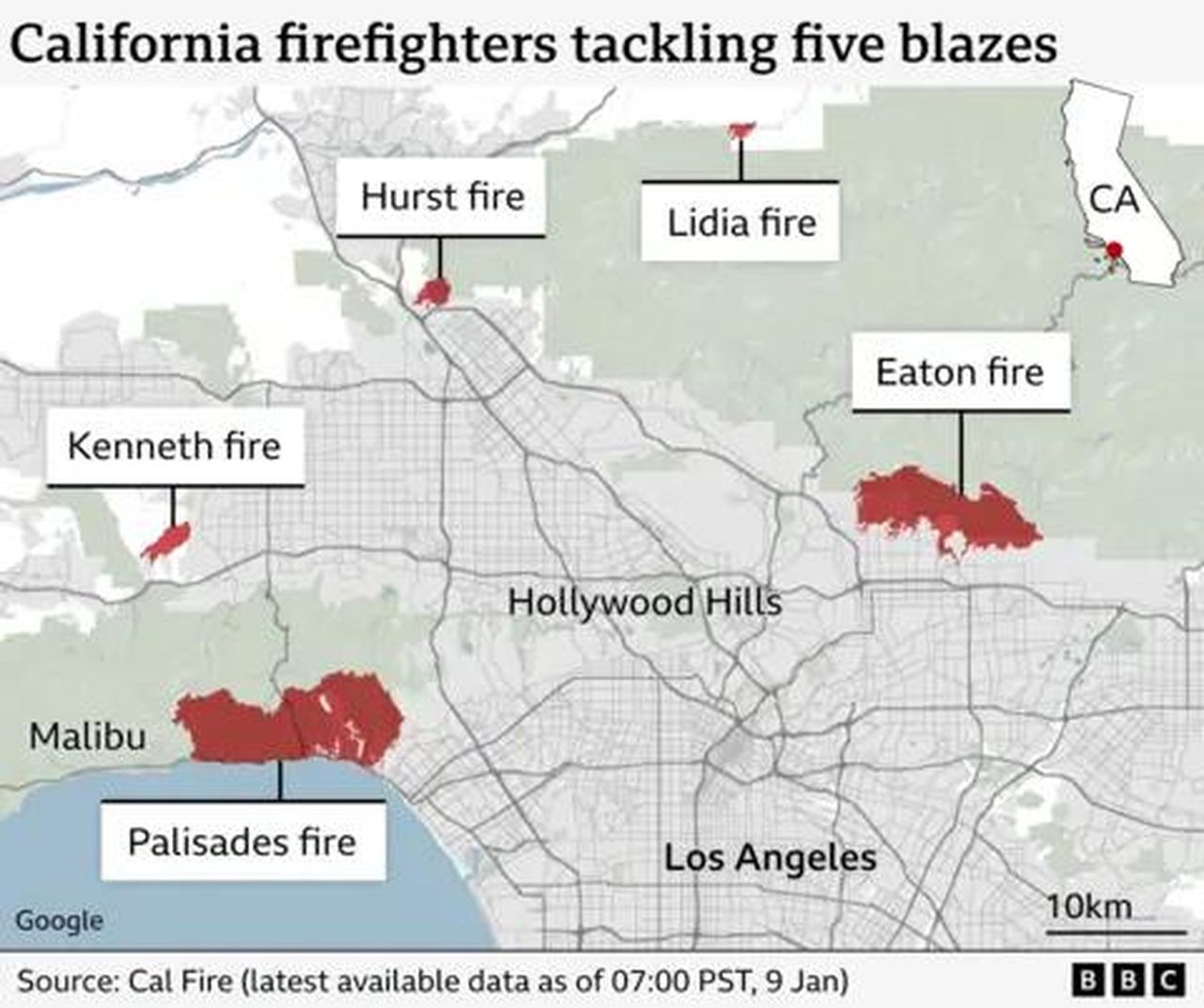 source:BBC World News - Incendi attivi a Los Angeles - Mappa che mostra la posizione di cinque incendi intorno a Los Angeles.