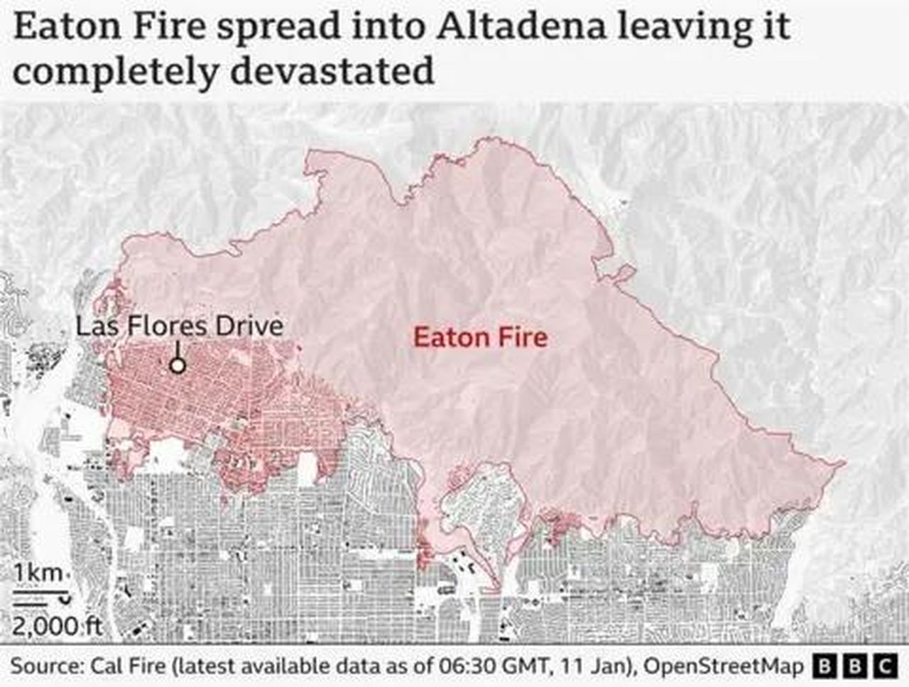 source:BBC World News - La devastazione della comunità - Grafica che mostra l'incendio Eaton in relazione ad Altadena