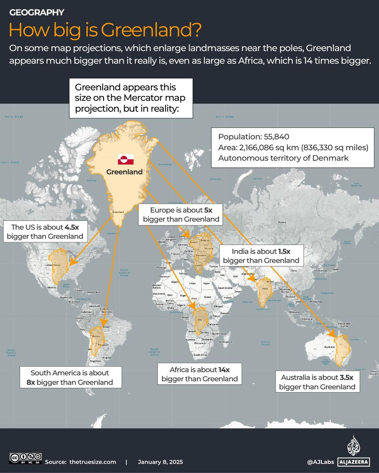 source:AlJazeera - La proiezione di Mercatore: quanto è grande la Groenlandia? - Dimensioni della Groenlandia