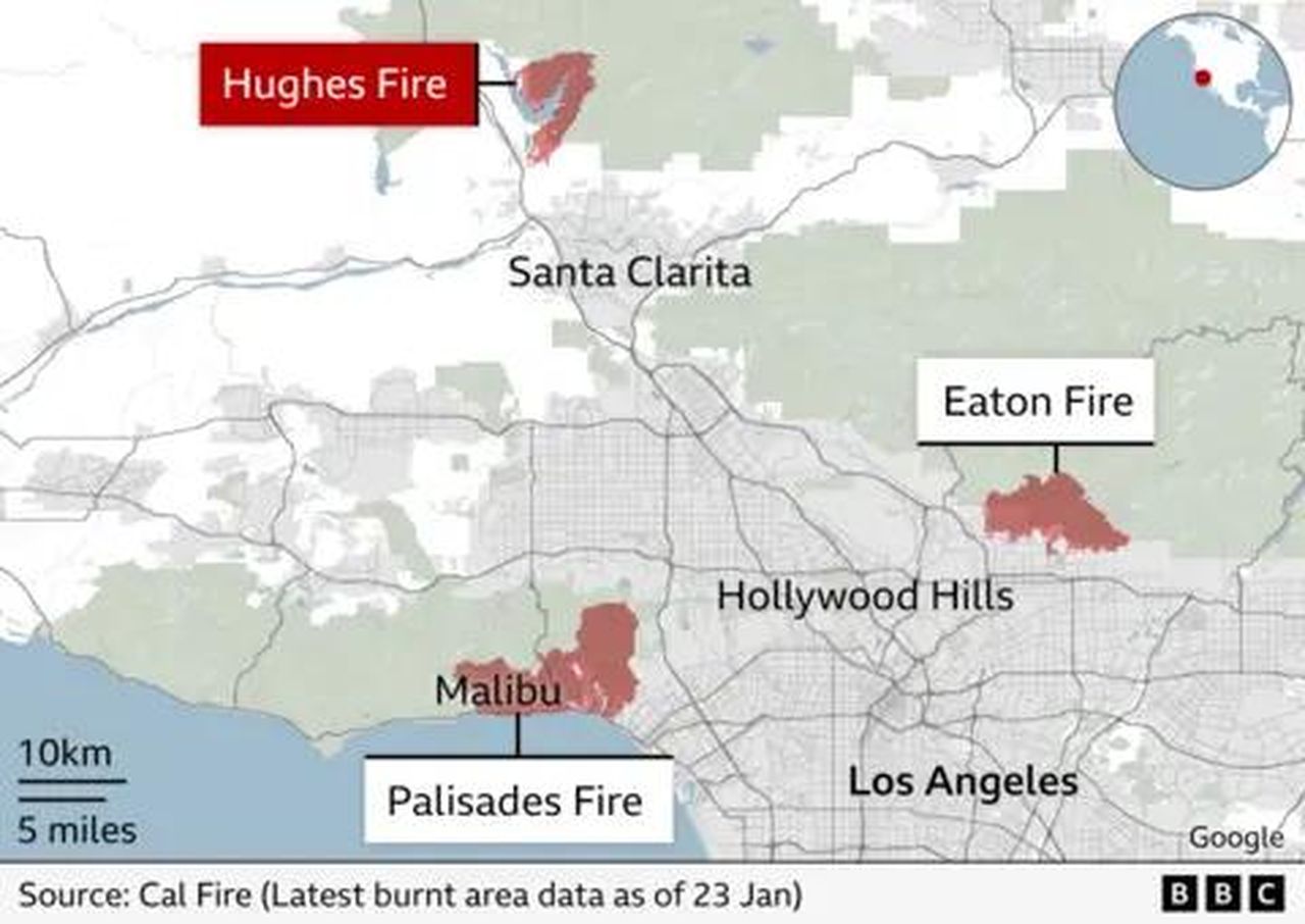 L'incendio Hughes e le evacuazioni - Un'illustrazione che mostra l'area bruciata