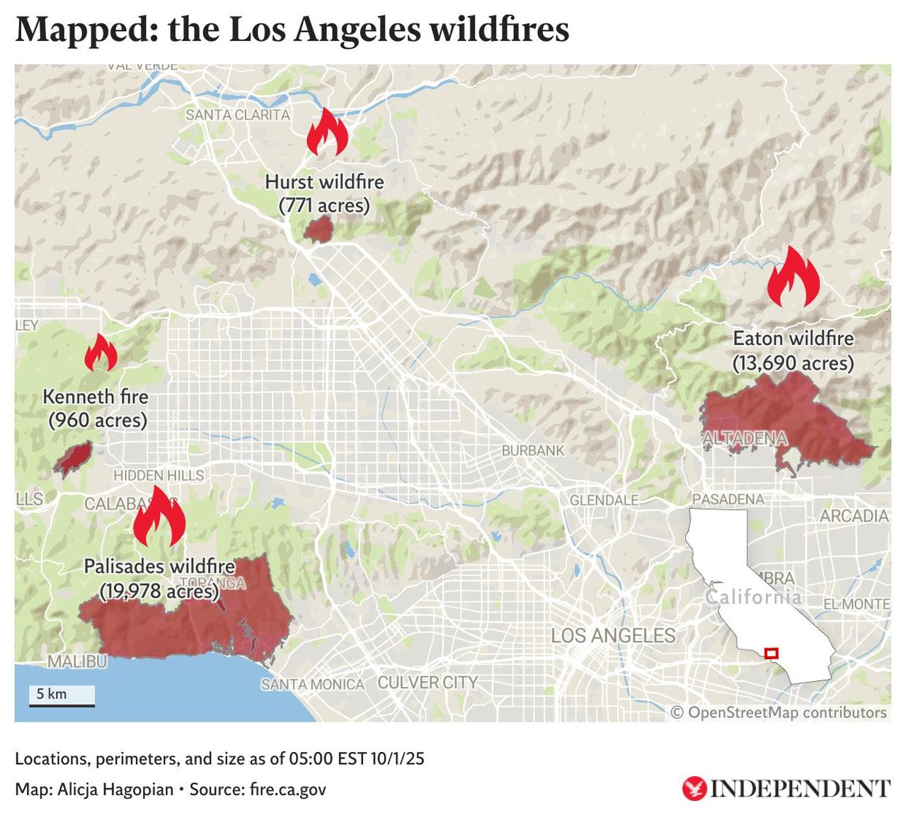 source:Independent - Mappatura degli incendi a Los Angeles - Mappa incendi Los Angeles