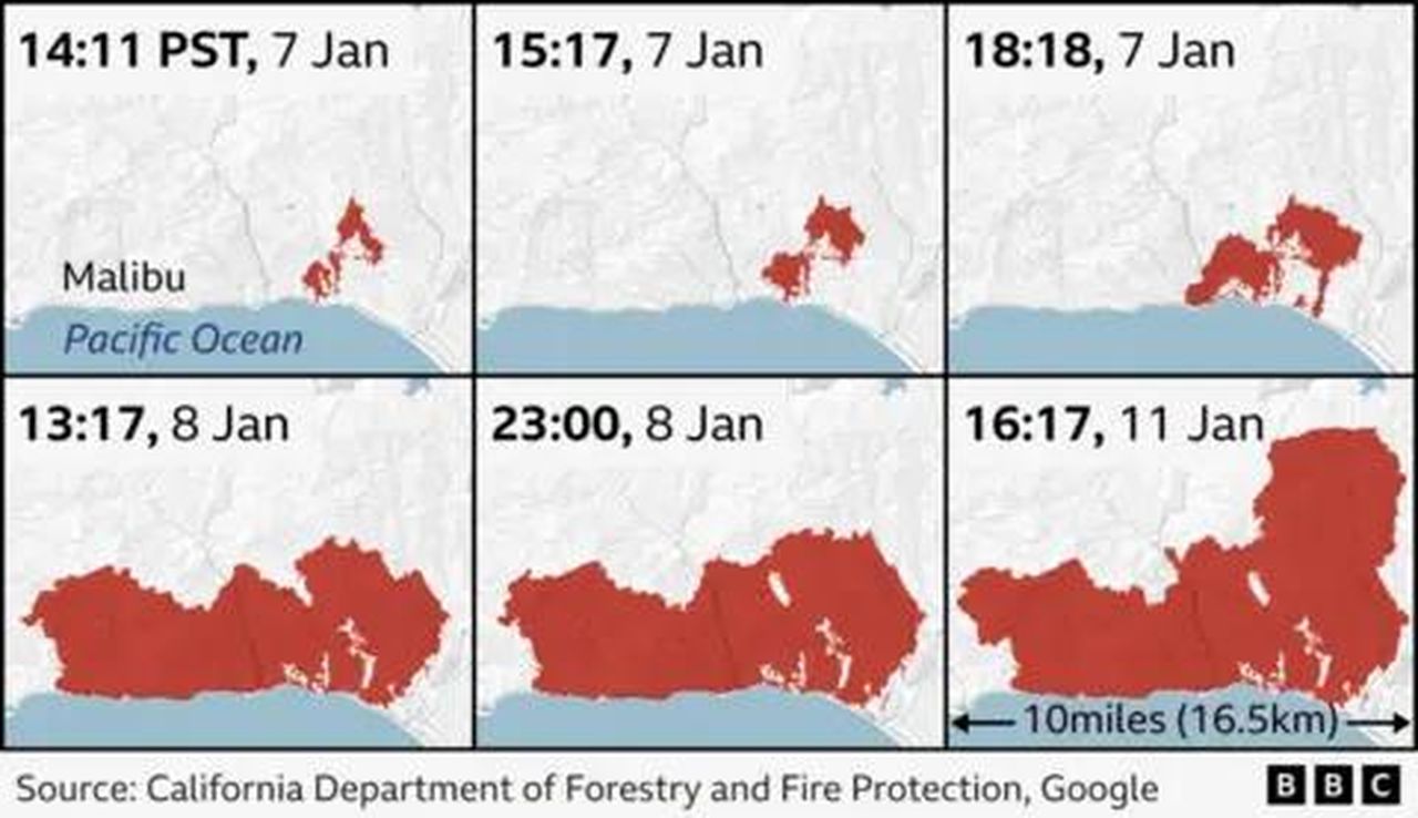 source:BBC World News - 'Sento odore di fuoco' - Grafica che mostra come il fuoco di Palisades è cresciuto e si è diffuso