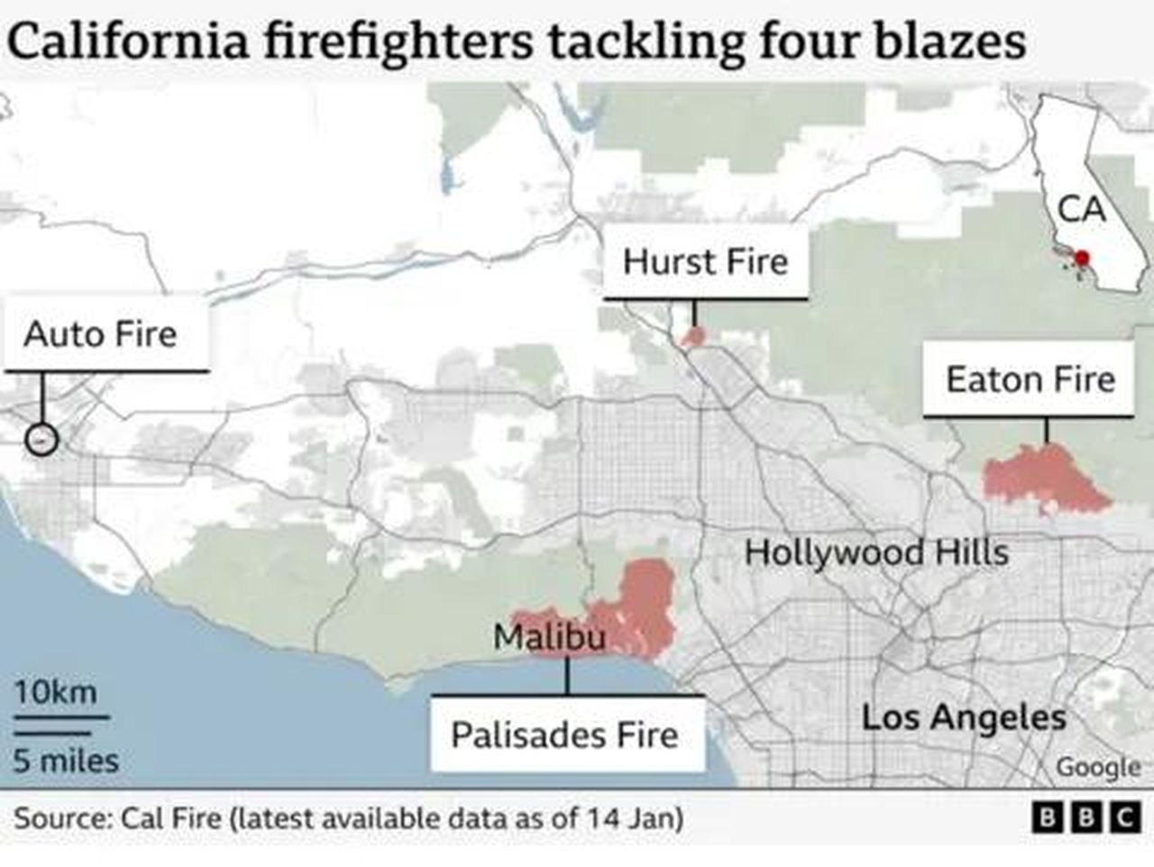 source:BBC World News - Situazione attuale degli incendi - Una mappa della California mostra la posizione di quattro incendi: Auto, Hurst, Eaton e Palisades.