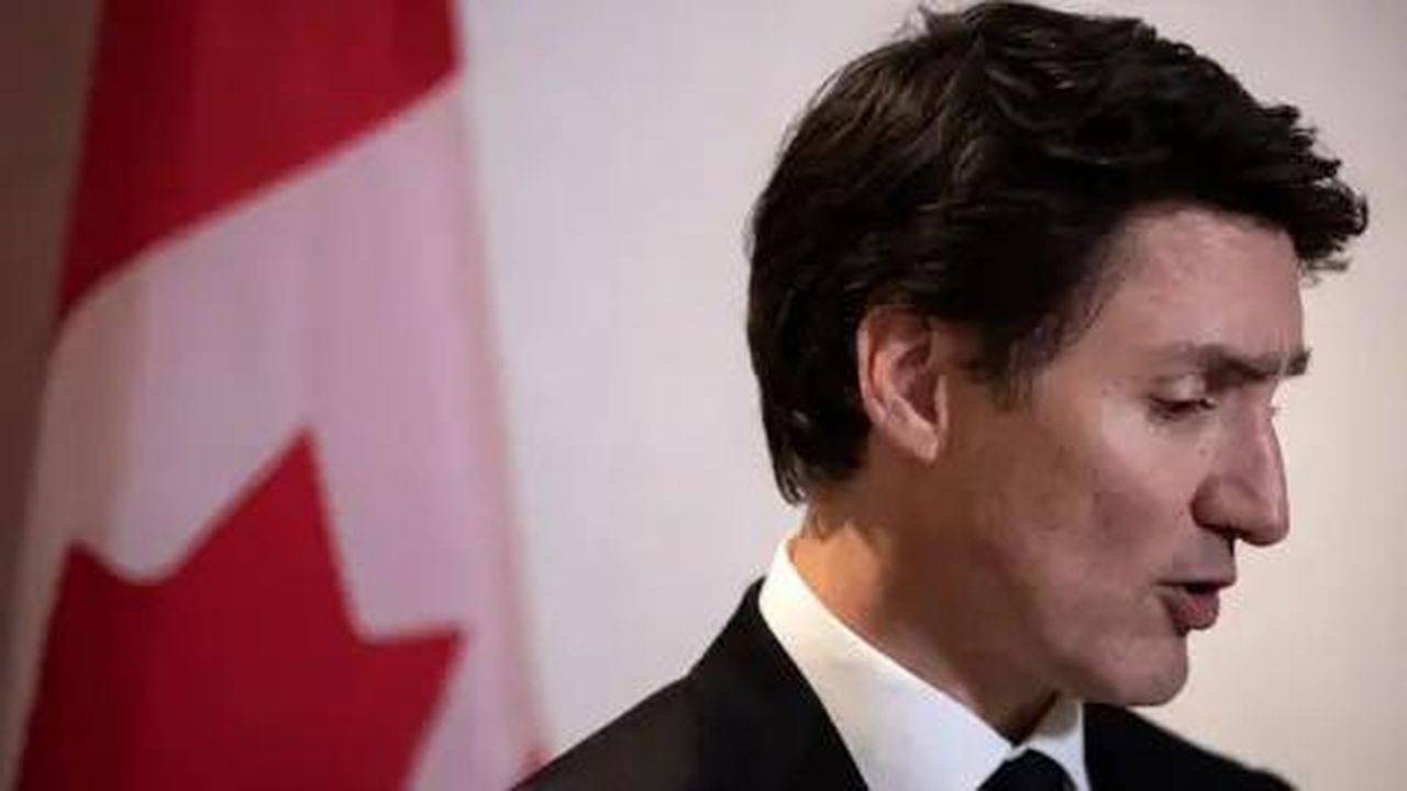 source:BBC World News - Trudeau respinge le affermazioni di Trump - Justin Trudeau in profilo contro lo sfondo della bandiera canadese